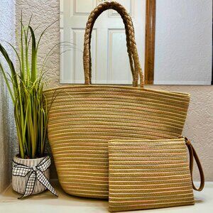Corded Woven Travel Beach Weekender Tote Shoulder Handbag Matching Pouch
